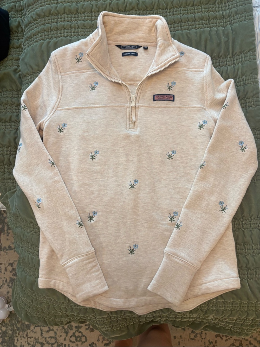 Vineyard Vines Cream Half-Zip Pullover with Blue Floral Embroidery